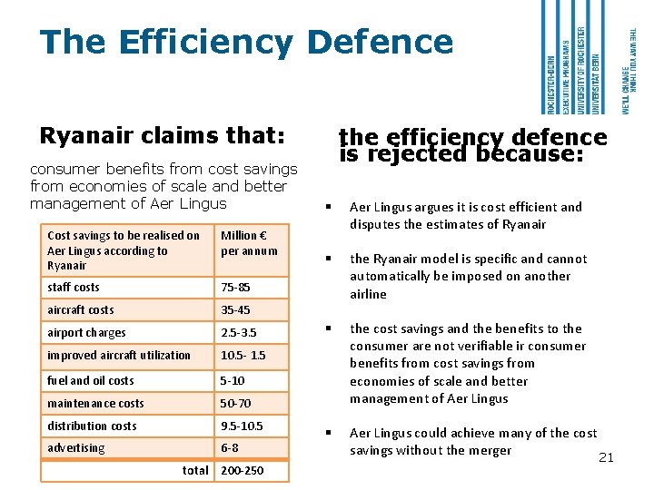 The Efficiency Defence Ryanair claims that: consumer benefits from cost savings from economies of