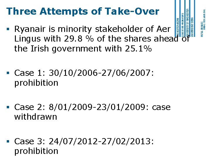 Three Attempts of Take-Over § Ryanair is minority stakeholder of Aer Lingus with 29.