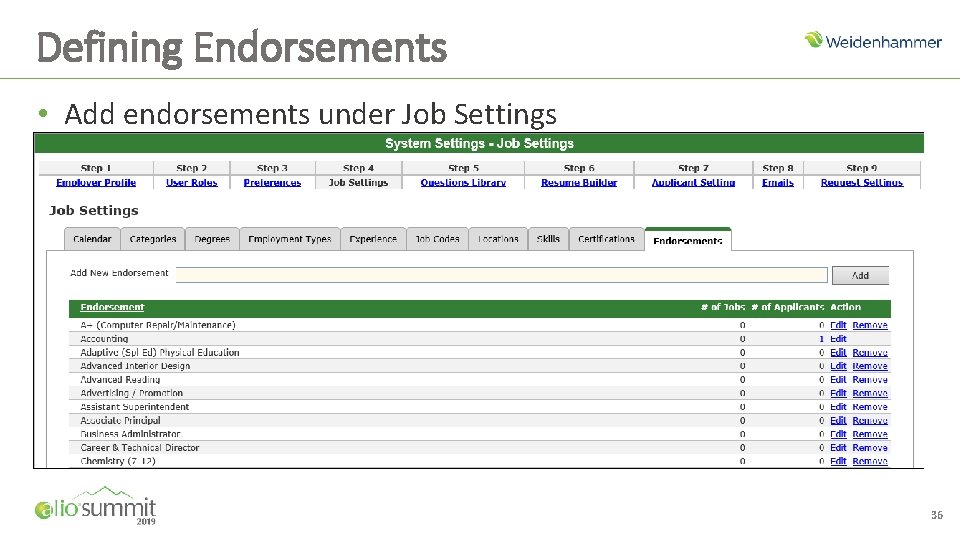 Defining Endorsements • Add endorsements under Job Settings 36 