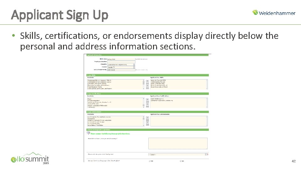 Applicant Sign Up • Skills, certifications, or endorsements display directly below the personal and