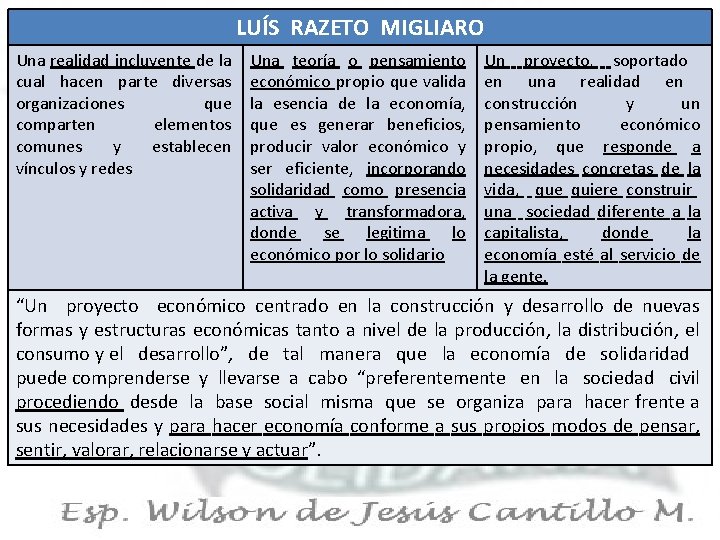 LUÍS RAZETO MIGLIARO Una realidad incluyente de la cual hacen parte diversas organizaciones que