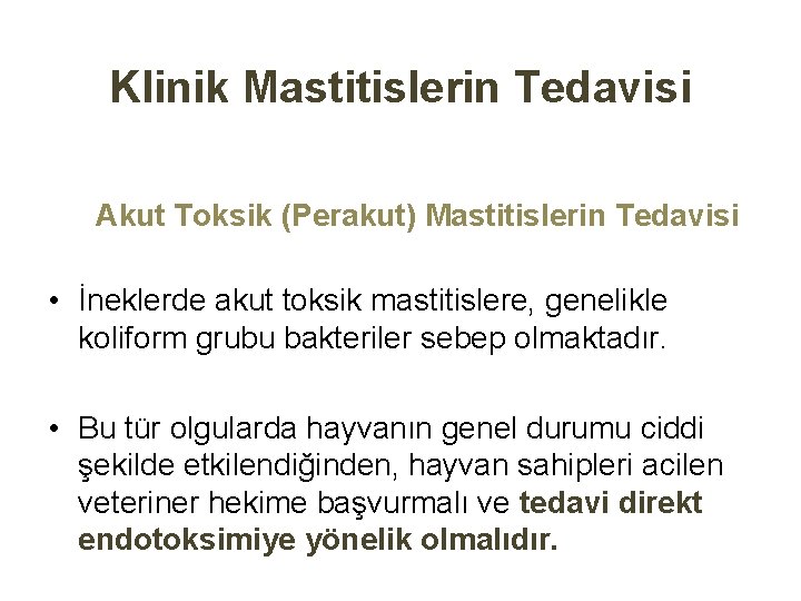 Klinik Mastitislerin Tedavisi Akut Toksik (Perakut) Mastitislerin Tedavisi • İneklerde akut toksik mastitislere, genelikle