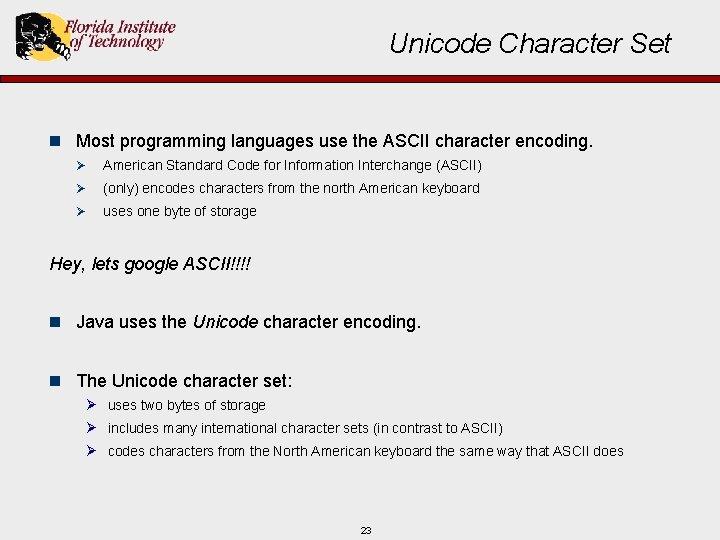 Unicode Character Set n Most programming languages use the ASCII character encoding. Ø American