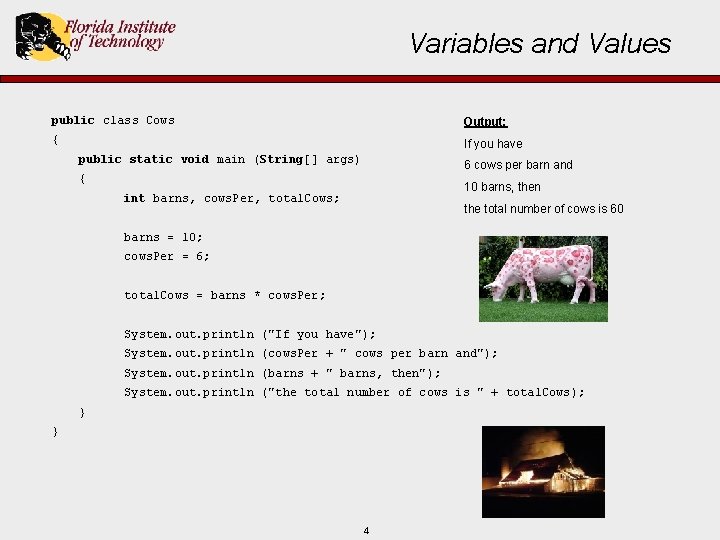 Variables and Values public class Cows Output: { If you have public static void