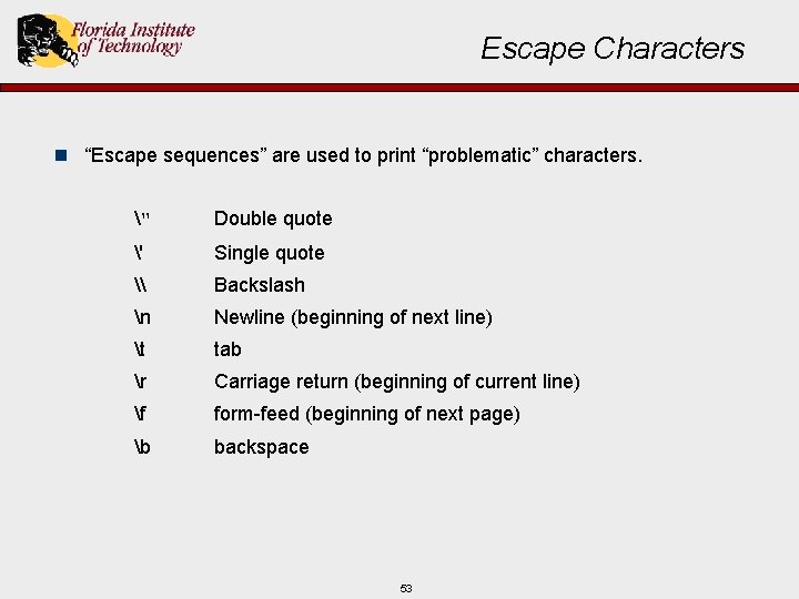 Escape Characters n “Escape sequences” are used to print “problematic” characters. " Double quote