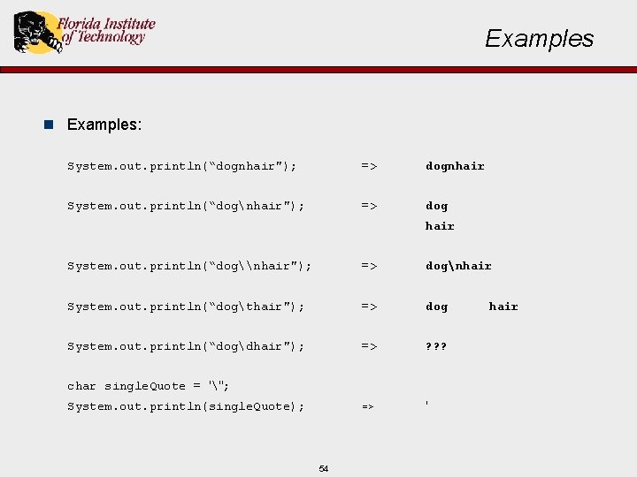 Examples n Examples: System. out. println(“dognhair"); => dognhair System. out. println(“dognhair"); => dog hair