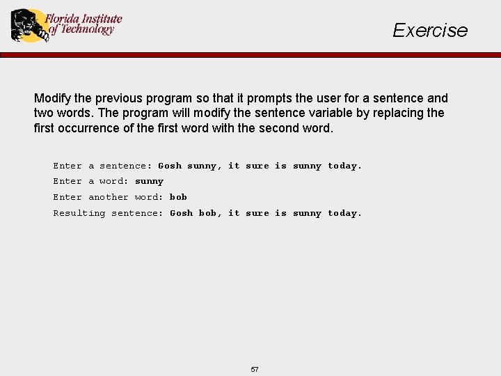 Exercise Modify the previous program so that it prompts the user for a sentence