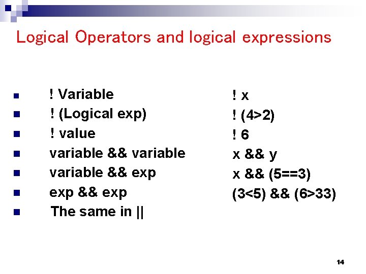 Logical Operators and logical expressions n n n n ! Variable ! (Logical exp)