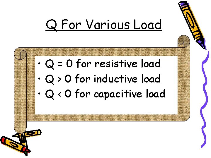 Q For Various Load • Q = 0 for resistive load • Q >