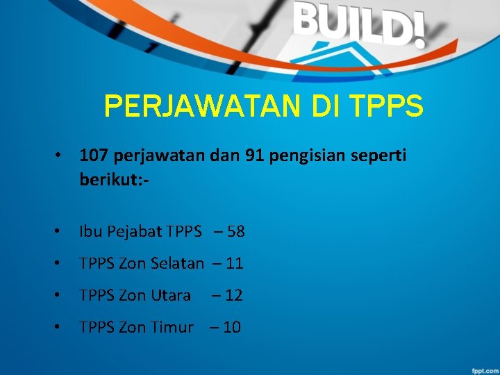 PERJAWATAN DI TPPS • 107 perjawatan dan 91 pengisian seperti berikut: • Ibu Pejabat