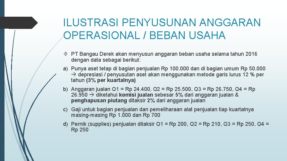ILUSTRASI PENYUSUNAN ANGGARAN OPERASIONAL / BEBAN USAHA PT Bangau Derek akan menyusun anggaran beban
