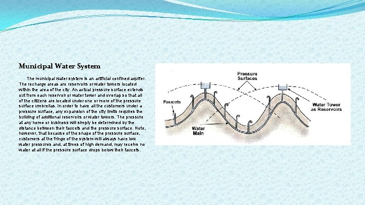 Municipal Water System The municipal water system is an artificial confined aquifer. The recharge