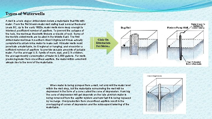 Types of Waterwells A well is a hole dug or drilled down below a