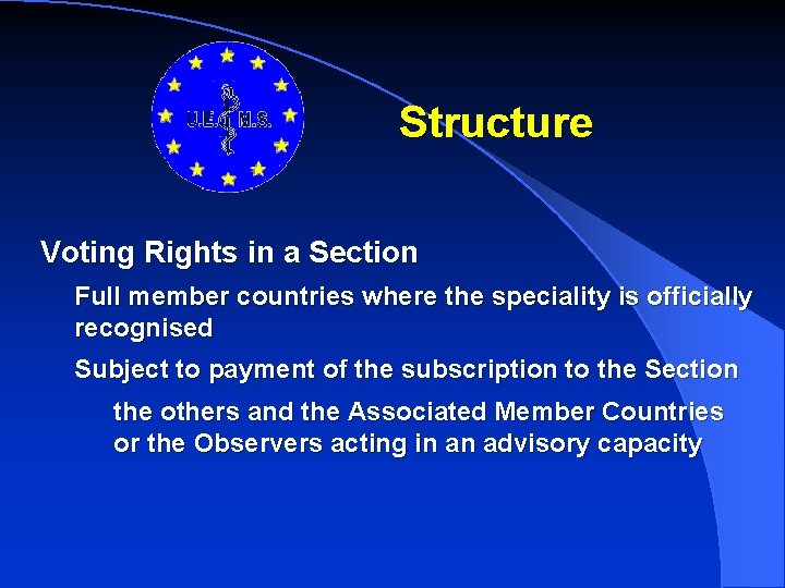 Structure Voting Rights in a Section Full member countries where the speciality is officially