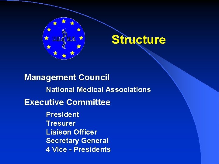 Structure Management Council National Medical Associations Executive Committee President Tresurer Liaison Officer Secretary General