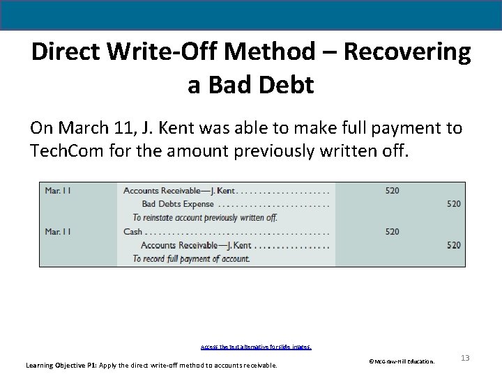 Direct Write-Off Method – Recovering a Bad Debt On March 11, J. Kent was