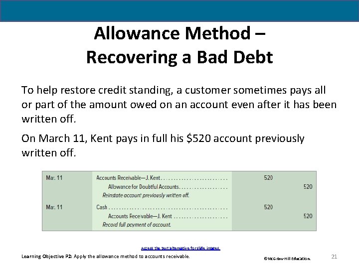 Allowance Method – Recovering a Bad Debt To help restore credit standing, a customer