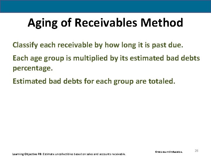 Aging of Receivables Method Classify each receivable by how long it is past due.