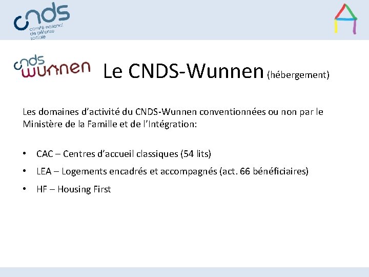 Le CNDS-Wunnen (hébergement) Les domaines d’activité du CNDS-Wunnen conventionnées ou non par le Ministère