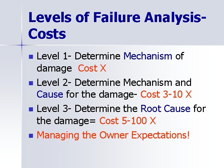 Levels of Failure Analysis. Costs Level 1 - Determine Mechanism of damage Cost X