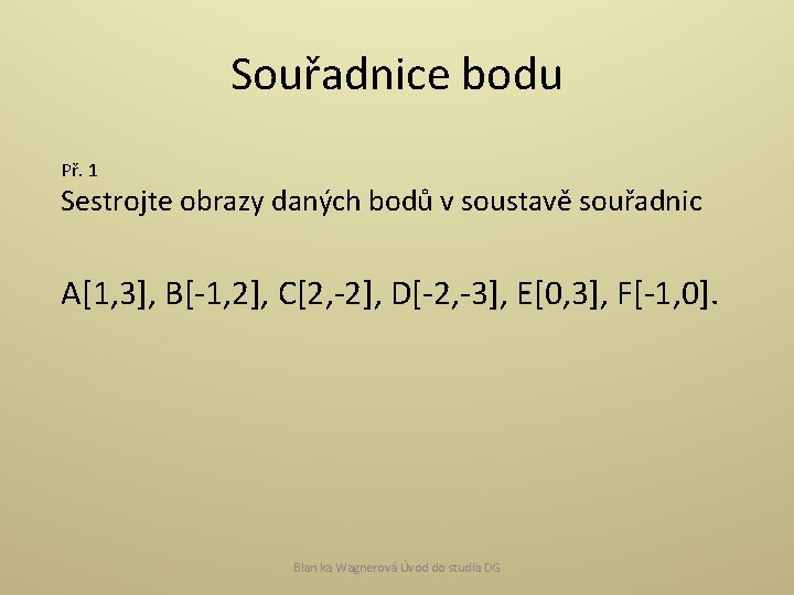 Souřadnice bodu Př. 1 Sestrojte obrazy daných bodů v soustavě souřadnic A[1, 3], B[-1,