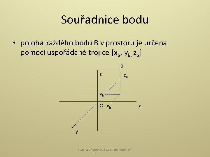 Souřadnice bodu • poloha každého bodu B v prostoru je určena pomocí uspořádané trojice