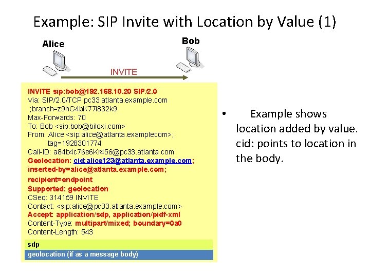 Example: SIP Invite with Location by Value (1) Bob Alice INVITE sip: bob@192. 168.