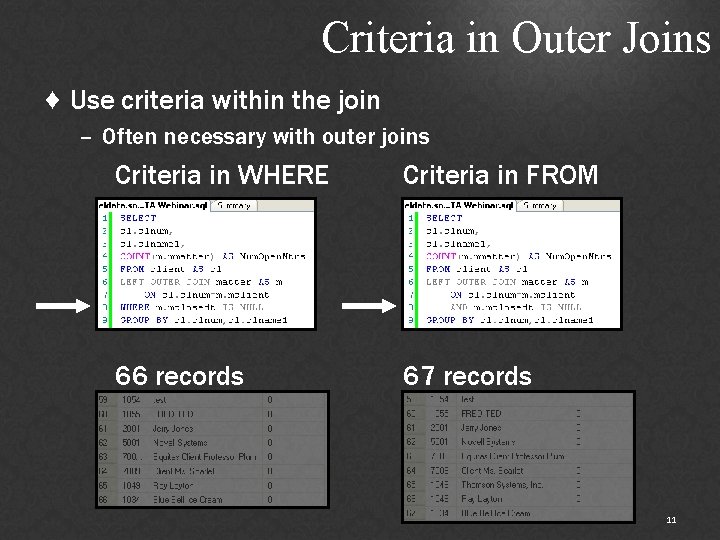 Criteria in Outer Joins ♦ Use criteria within the join – Often necessary with