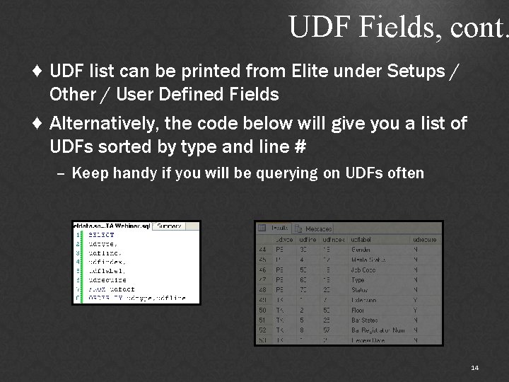 UDF Fields, cont. ♦ UDF list can be printed from Elite under Setups /