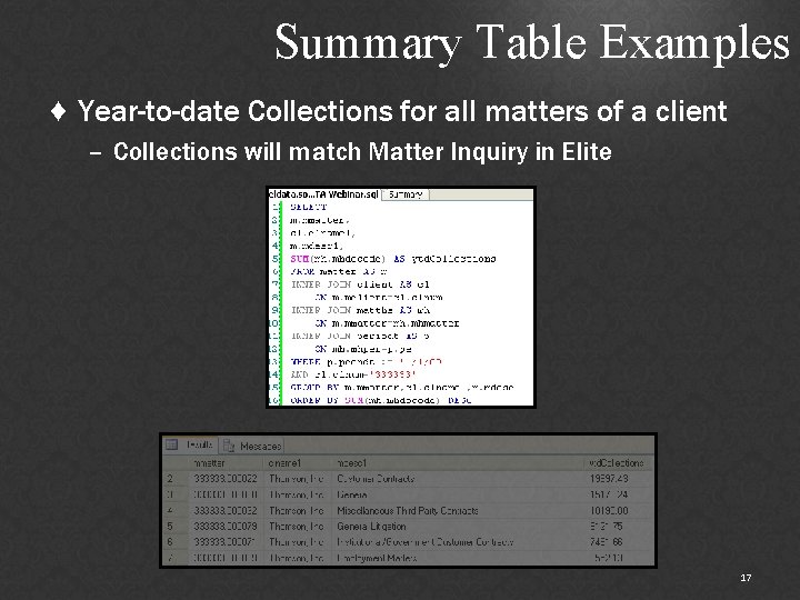 Summary Table Examples ♦ Year-to-date Collections for all matters of a client – Collections