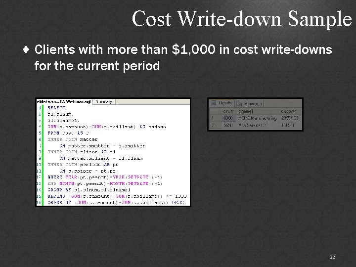 Cost Write-down Sample ♦ Clients with more than $1, 000 in cost write-downs for