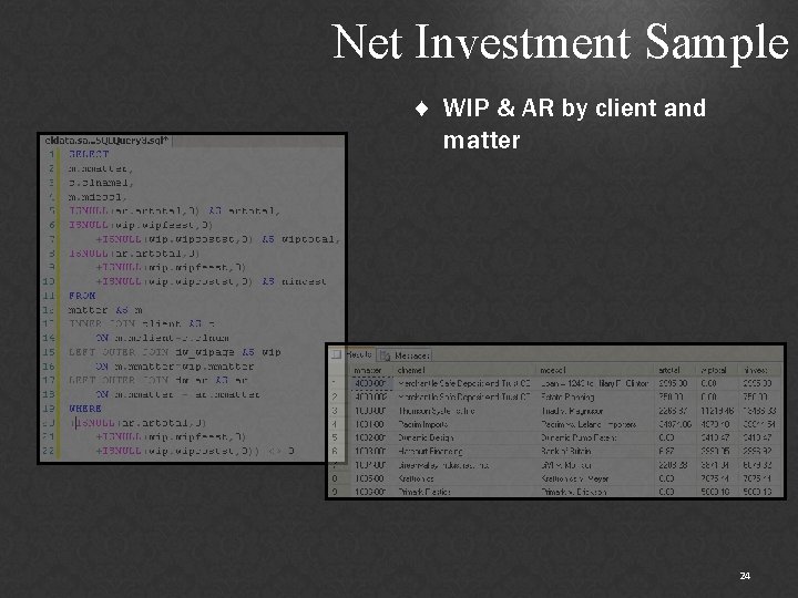 Net Investment Sample ♦ WIP & AR by client and matter 24 