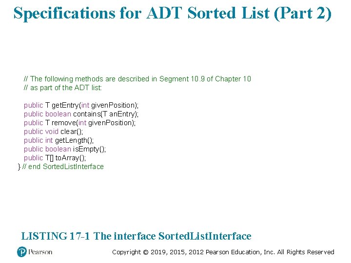 Specifications for ADT Sorted List (Part 2) // The following methods are described in