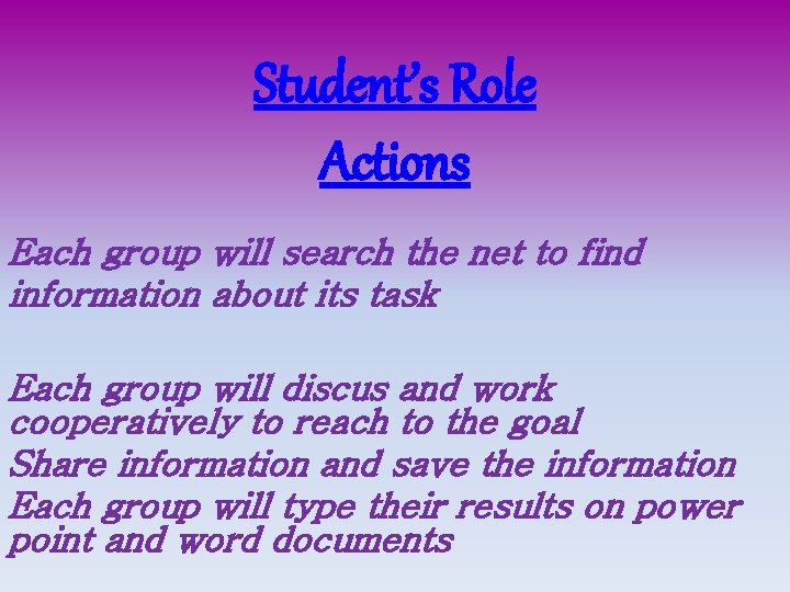 Student’s Role Actions Each group will search the net to find information about its