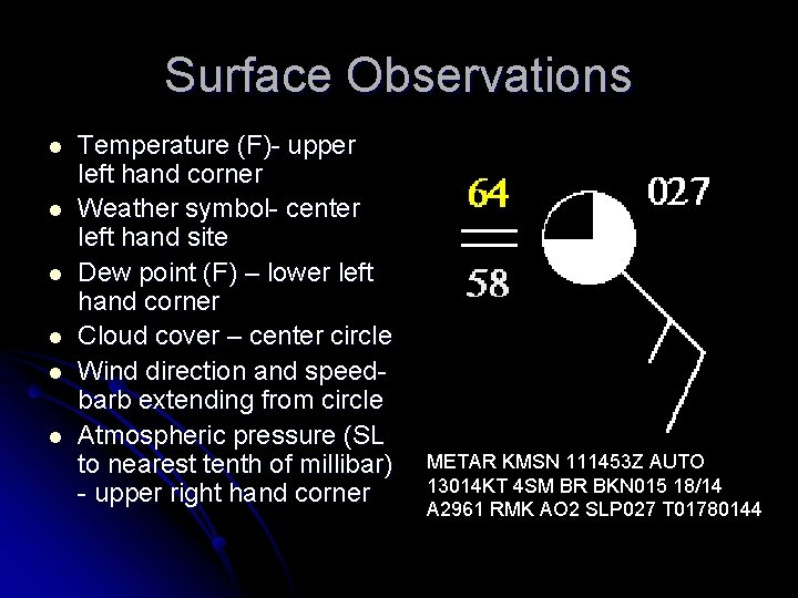 Surface Observations l l l Temperature (F)- upper left hand corner Weather symbol- center