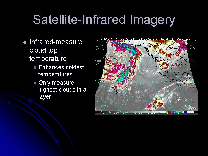 Satellite-Infrared Imagery l Infrared-measure cloud top temperature Enhances coldest temperatures l Only measure highest