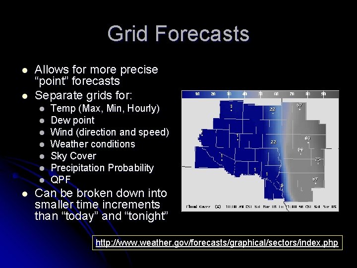 Grid Forecasts l l Allows for more precise “point” forecasts Separate grids for: l