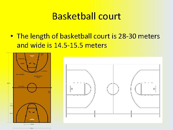 Basketball court • The length of basketball court is 28 -30 meters and wide