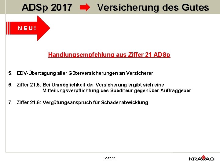 ADSp 2017 Versicherung des Gutes NEU! Handlungsempfehlung aus Ziffer 21 ADSp 5. EDV-Übertagung aller