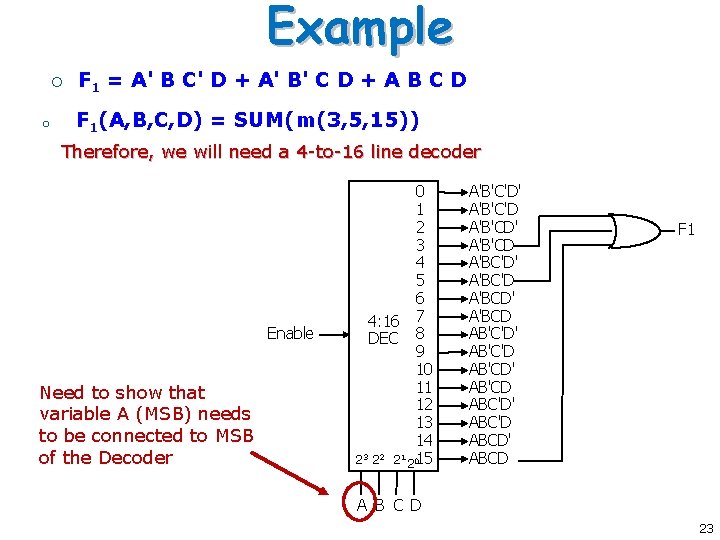 Example ¡ o F 1 = A' B C' D + A' B' C