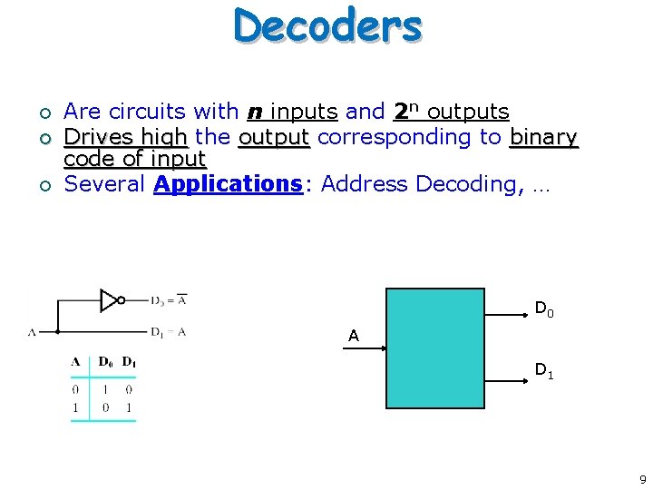 Decoders ¡ ¡ ¡ Are circuits with n inputs and 2 n outputs Drives