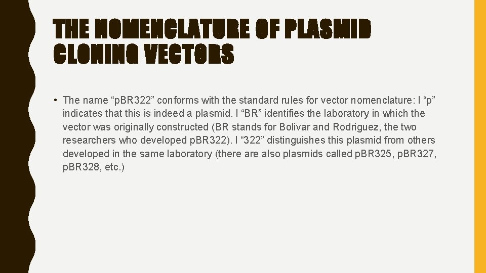 THE NOMENCLATURE OF PLASMID CLONING VECTORS • The name “p. BR 322” conforms with