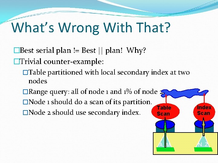 What’s Wrong With That? �Best serial plan != Best || plan! Why? �Trivial counter-example: What’s Wrong With That? �Best serial plan != Best || plan! Why? �Trivial counter-example: