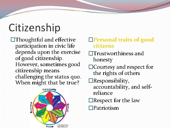 Citizenship �Thoughtful and effective participation in civic life depends upon the exercise of good