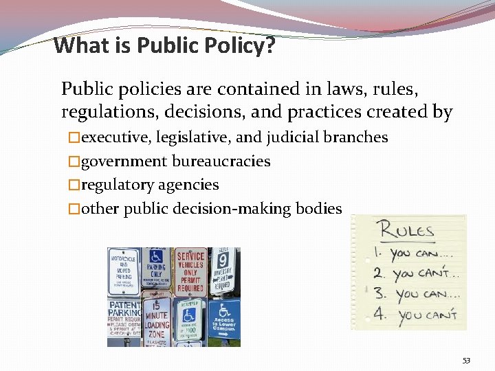 What is Public Policy? Public policies are contained in laws, rules, regulations, decisions, and