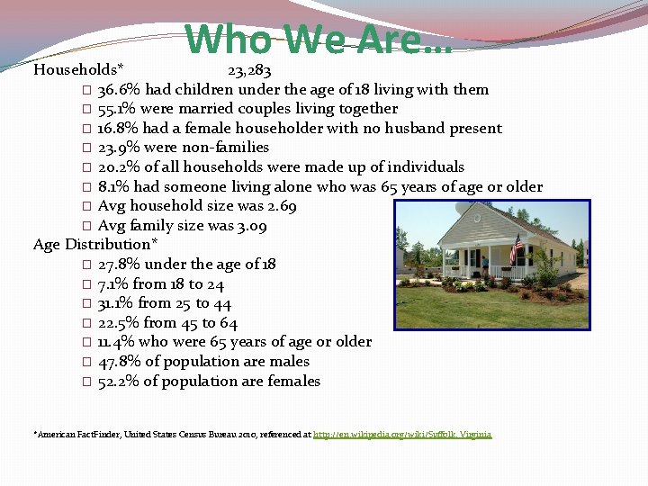 Who We Are… Households* 23, 283 � 36. 6% had children under the age