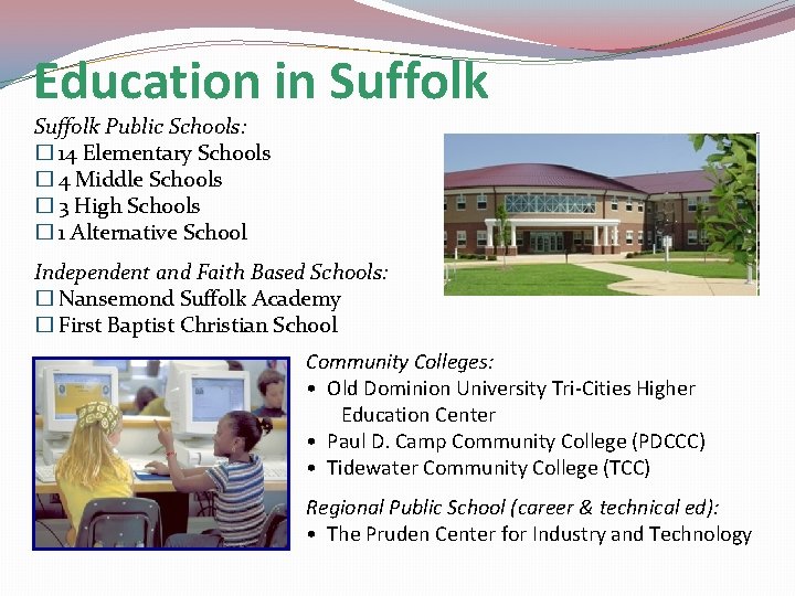 Education in Suffolk Public Schools: � 14 Elementary Schools � 4 Middle Schools �