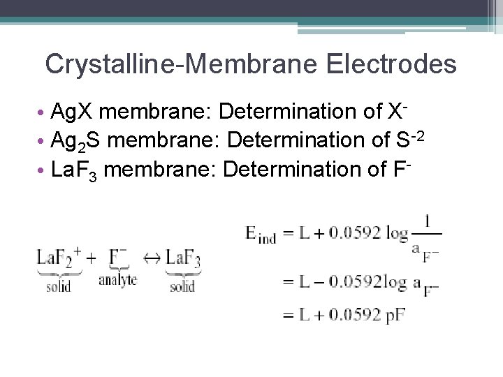 Crystalline-Membrane Electrodes • Ag. X membrane: Determination of X • Ag 2 S membrane:
