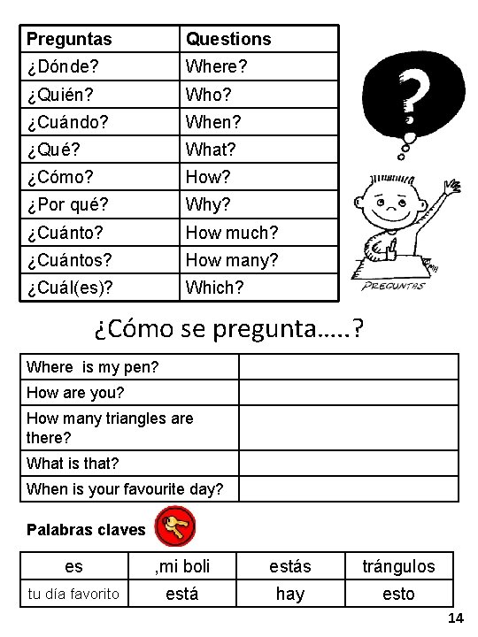 Preguntas Questions ¿Dónde? Where? ¿Quién? Who? ¿Cuándo? When? ¿Qué? What? ¿Cómo? How? ¿Por qué?