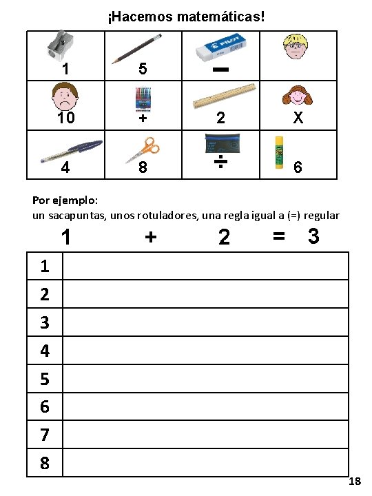 ¡Hacemos matemáticas! 1 5 10 + 2 X 4 8 ÷ 6 Por ejemplo: